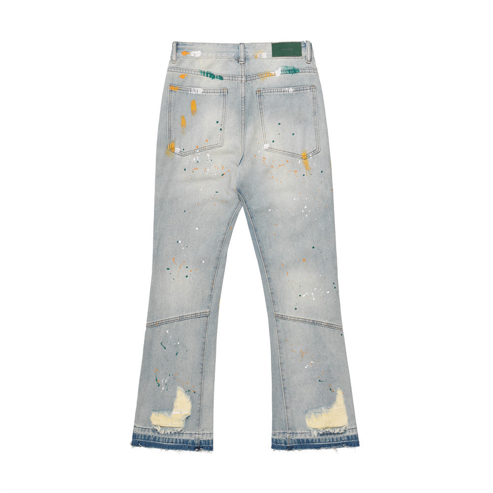 Men Jeans Rough Edge Splash Ink Hole Slightly Flared Loose Casual