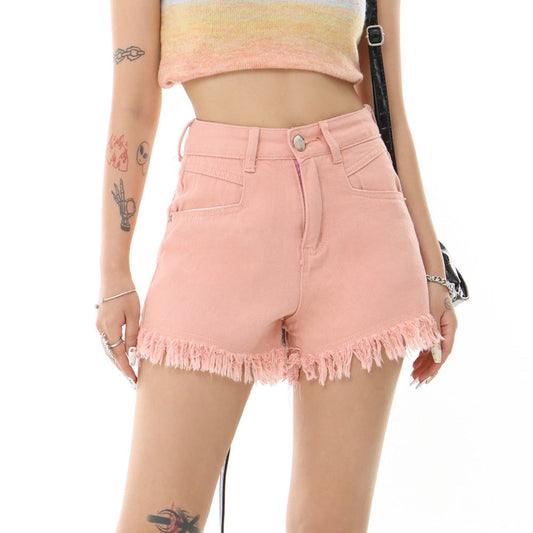 Women Shorts Pink Raw Edge Denim Shorts