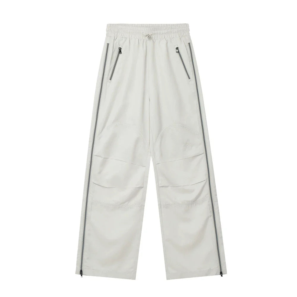 Men Sweatpants Exercise Casual Pants Side Stitching Zipper Slit Elastic-Waist Straight-Leg Pants