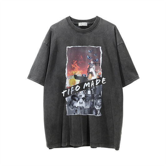 Men Vintage T-Shirt Printed Short-Sleeved T-shirt Men's Loose Casual Washed and Worn