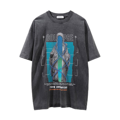 Men Vintage T-Shirt Printed Short-Sleeved T-shirt Men's Street Washed Distressed round Neck Summer Loose