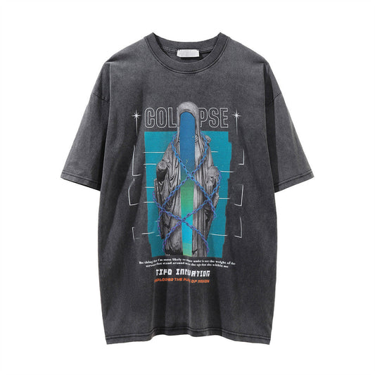 Men Vintage T-Shirt Printed Short-Sleeved T-shirt Men's Street Washed Distressed round Neck Summer Loose