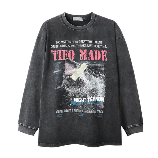 Men Long Sleeve T-Shirt Great White Shark Print Washed and Worn Loose