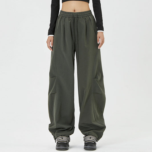 Men Sweatpants Loose-Fitting Wide-Leg Trousers Hip Hop Solid Color Stitching Ruffle Knee Straight Casual Pants