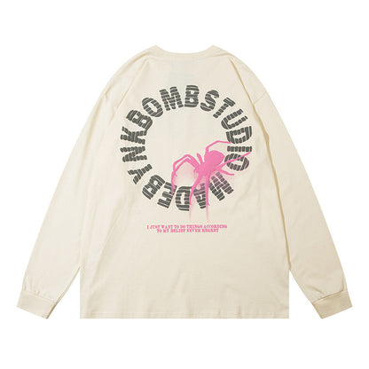 Men Long Sleeve T-Shirt Spider Print Loose Cotton Bottoming Top