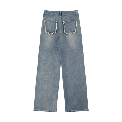 Women Pants Washed Jeans Straight-Leg Pants Loose-Fitting Wide-Leg Trousers