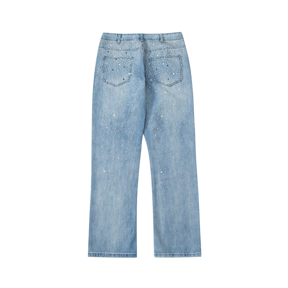 Men Jeans Solid Color Diamond-Embedded Loose Wide-Leg Pants Trendy Casual