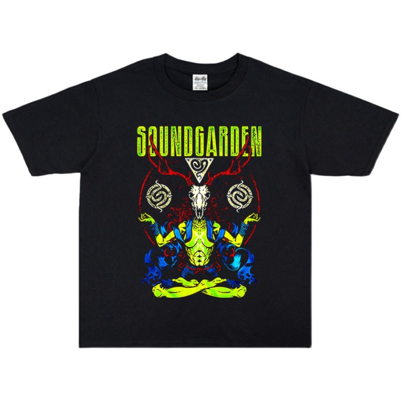 Rock Star T Shirt Soundgarden Band Washed Distressed T-shirt Short Sleeve Loose Cotton Men and Women