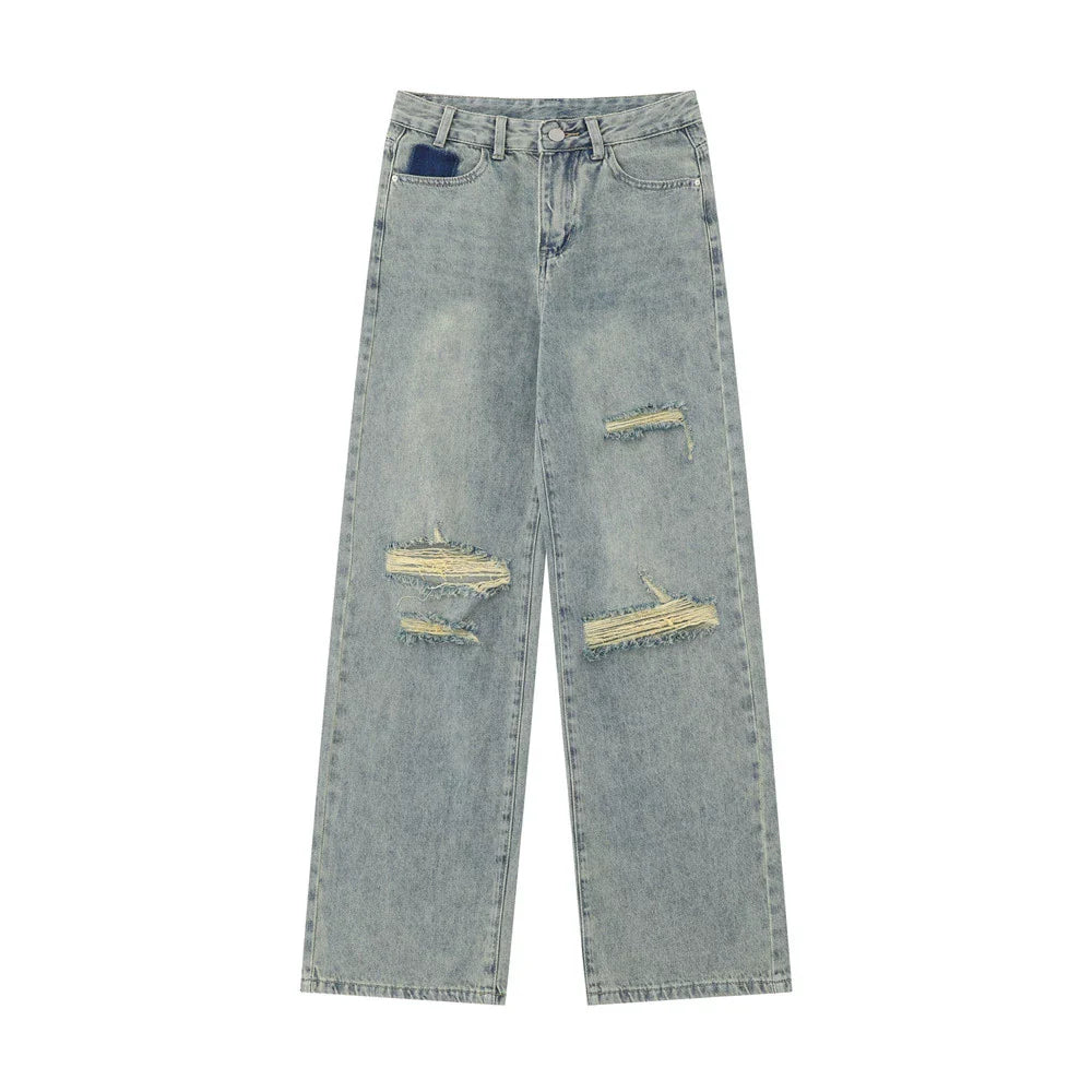 Women Pants Ripped Washed Jeans Straight Wide Leg Pants Loose Trousers