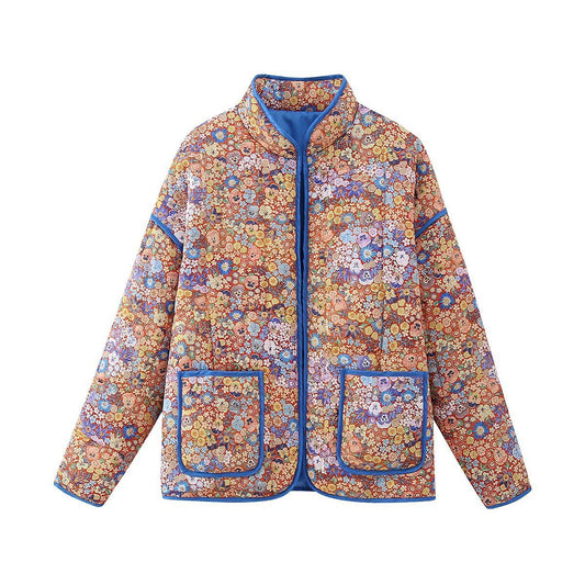 Women Cotton Coat Stand Collar Small Floral Baggy Coat Middle-Aged and Elderly