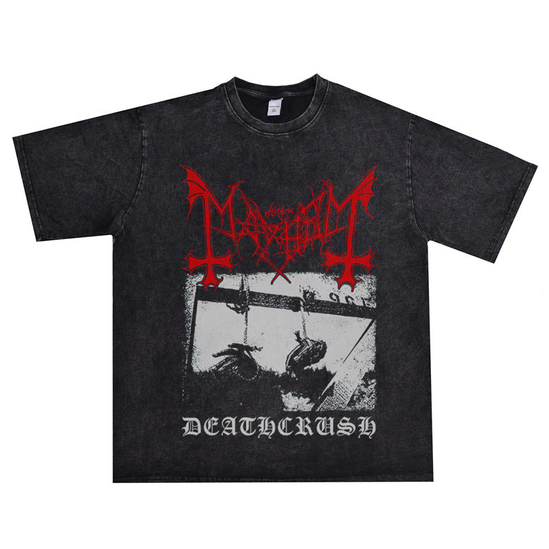 Rock Star T Shirt Mayhem Mutilated Band Washed Distressed T-shirt Cotton Short Sleeve Men and Women