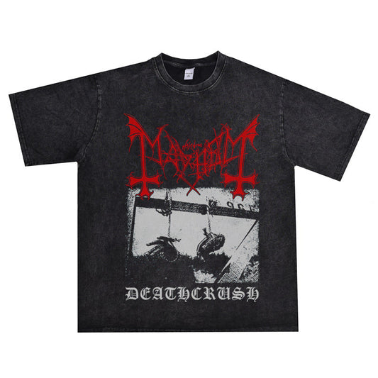 Rock Star T Shirt Mayhem Mutilated Band Washed Distressed T-shirt Cotton Short Sleeve Men and Women