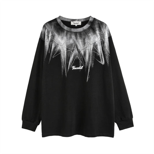 Men Long Sleeve T-Shirt Pure Cotton Inkjet Hot Drilling Five-Pointed Star