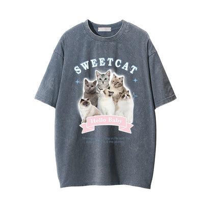 Men Vintage T-Shirt Printed Distressed Washed Short-Sleeved T-shirt Men's Summer Casual Loose round Neck