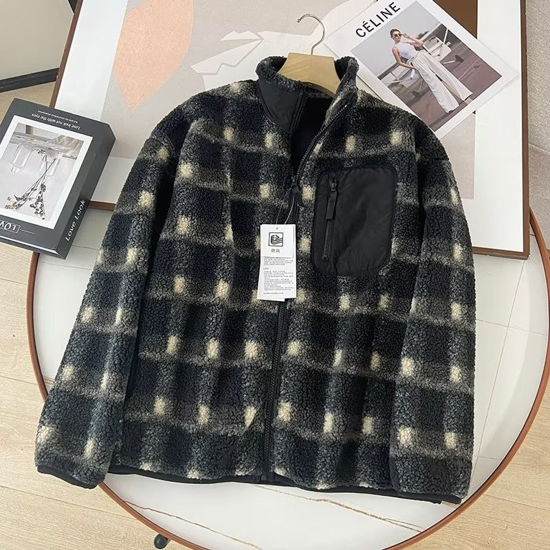 Women Cotton Coat Couple's Polar Fleece Stand Collar Plaid Jacket
