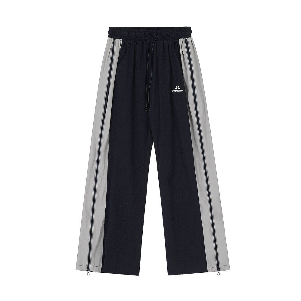 Men Sweatpants Side Zipper Stitching Casual Wide Leg Pants Elastic Waist Straight-Leg Trousers