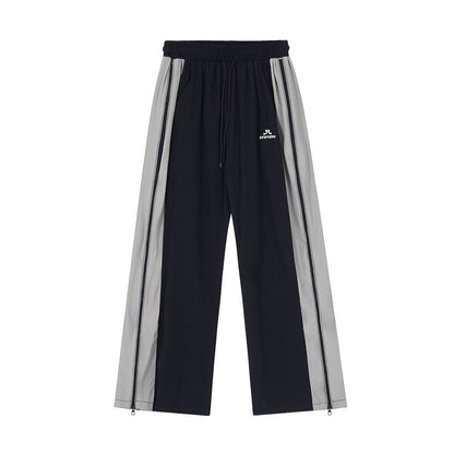 Men Sweatpants Side Zipper Stitching Casual Wide Leg Pants Elastic Waist Straight-Leg Trousers