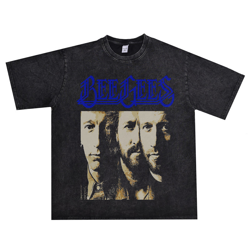 Rock Star T Shirt Bee Gees Beegis Bgs Band Washed Distressed T-shirt Short Sleeve Men and Women Loose Version