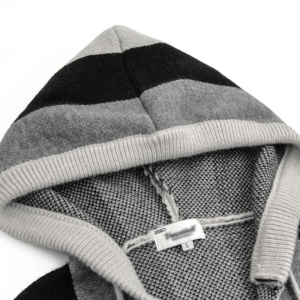 Men Sweater Striped Hooded Pullover Knitted Sweater