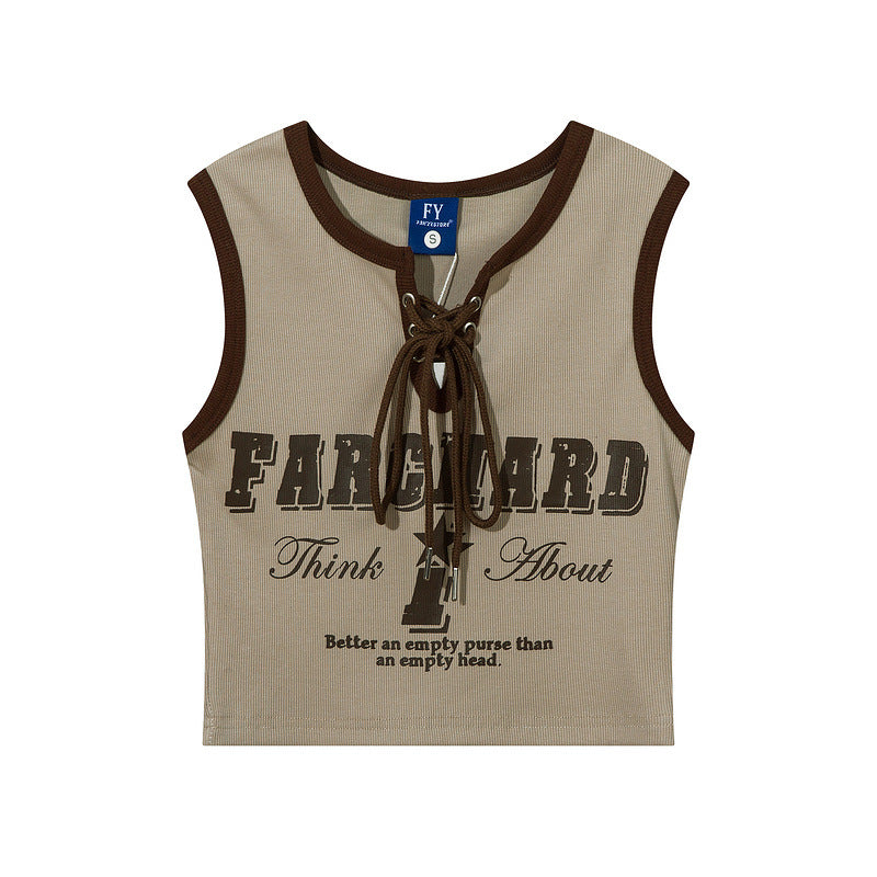 Women Vest Old School Letter Print Sleeveless T-shirt Female Vintage Vest