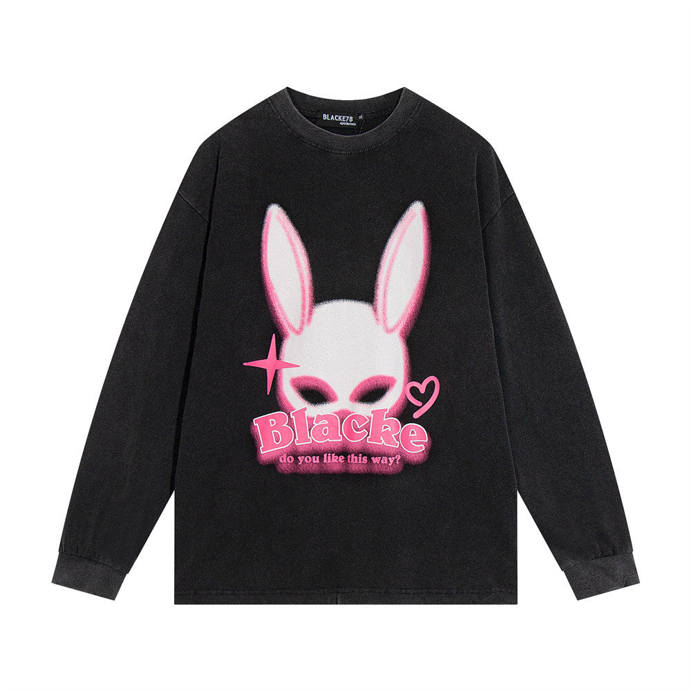 Men Long Sleeve T-Shirt Rabbit Ear Print Washed and Worn