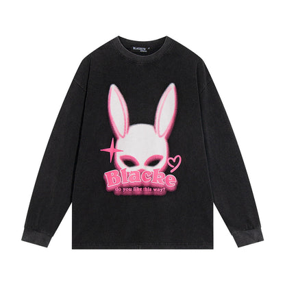 Men Long Sleeve T-Shirt Rabbit Ear Print Washed and Worn