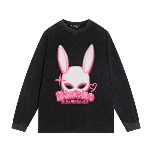Men Long Sleeve T-Shirt Rabbit Ear Print Washed and Worn