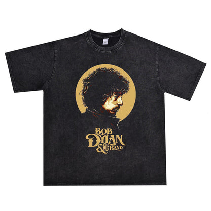 Rock Star T Shirt Bob Dylan Washed Distressed T-shirt Loose Men and Women Casual Short Sleeve Cotton
