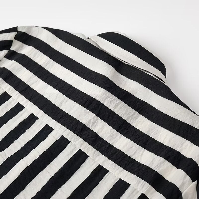 Women Tops Summer Striped Shirt Single-Breasted Mid-Length Top