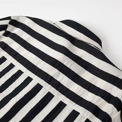 Women Tops Summer Striped Shirt Single-Breasted Mid-Length Top
