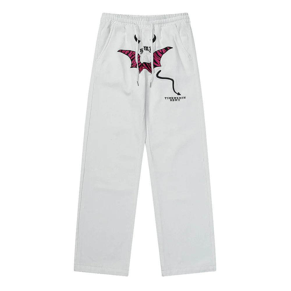 Men Sweatpants Personalized Embroidered Devil Horn Straight Casual Trousers Hip Hop Diagonal Cloth Jeans