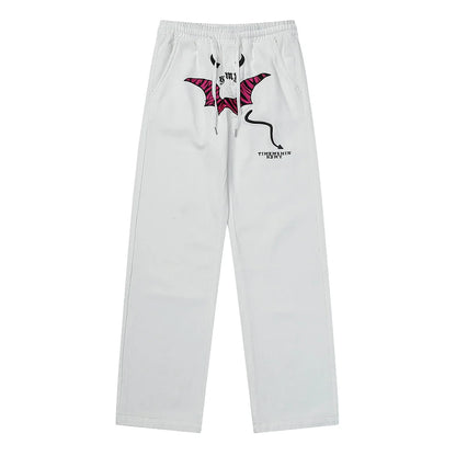 Men Sweatpants Personalized Embroidered Devil Horn Straight Casual Trousers Hip Hop Diagonal Cloth Jeans