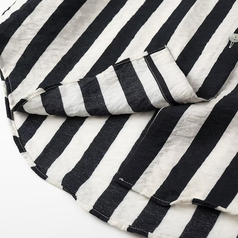 Women Tops Summer Striped Shirt Single-Breasted Mid-Length Top