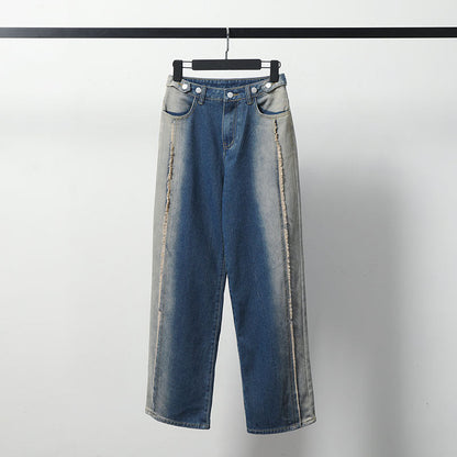 Men Jeans Washed Burr Straight Wide Leg Jeans Men's and Women's Denim Trousers