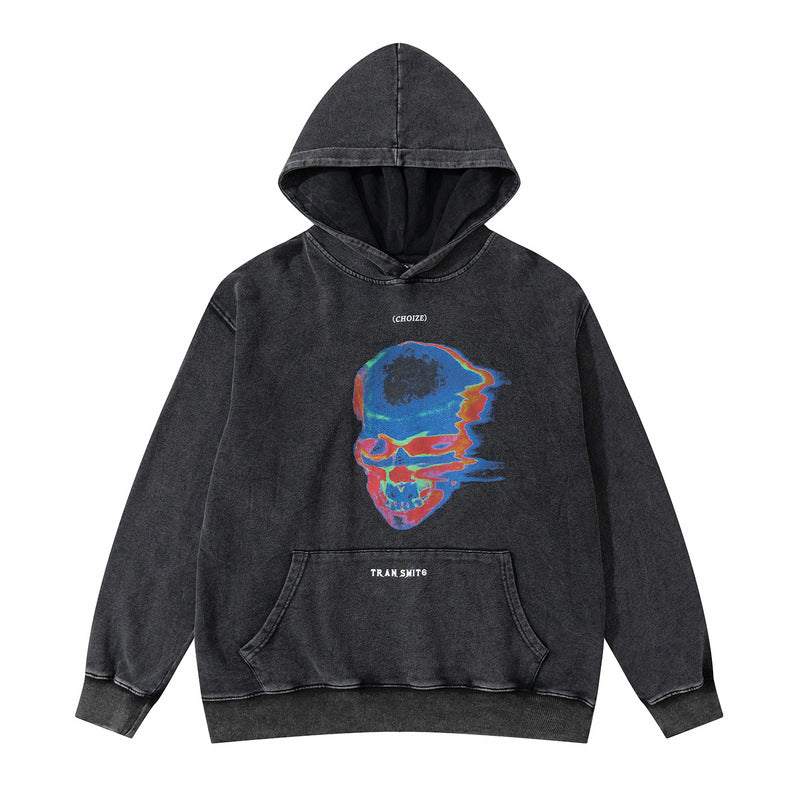 Men Hoodie Retro Washed Old Skull Graffiti Hip Hop Hoodie