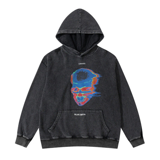 Men Hoodie Retro Washed Old Skull Graffiti Hip Hop Hoodie