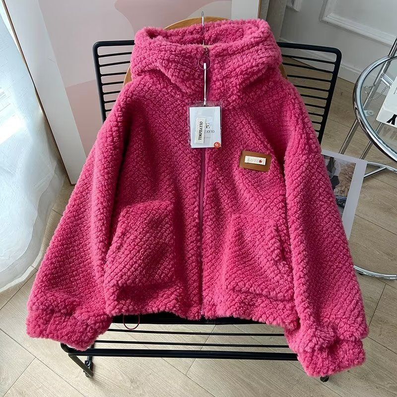 Women Cotton Coat Lamb Fur Coat Rabbit Ear Hat