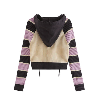 Women Sweater Retro College Style Hooded Slim Fit Knitwear Cardigan Sweater