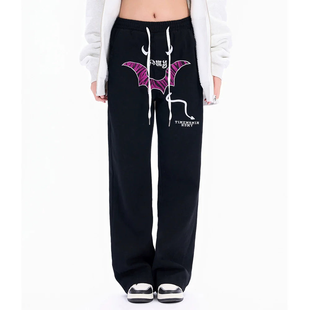 Men Sweatpants Personalized Embroidered Devil Horn Straight Casual Trousers Hip Hop Diagonal Cloth Jeans