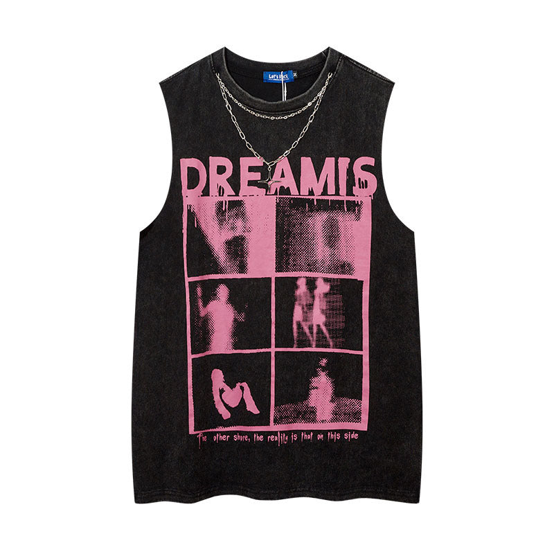 Women Vest Ripped Letter-Printing Necklace Sleeveless T-shirt
