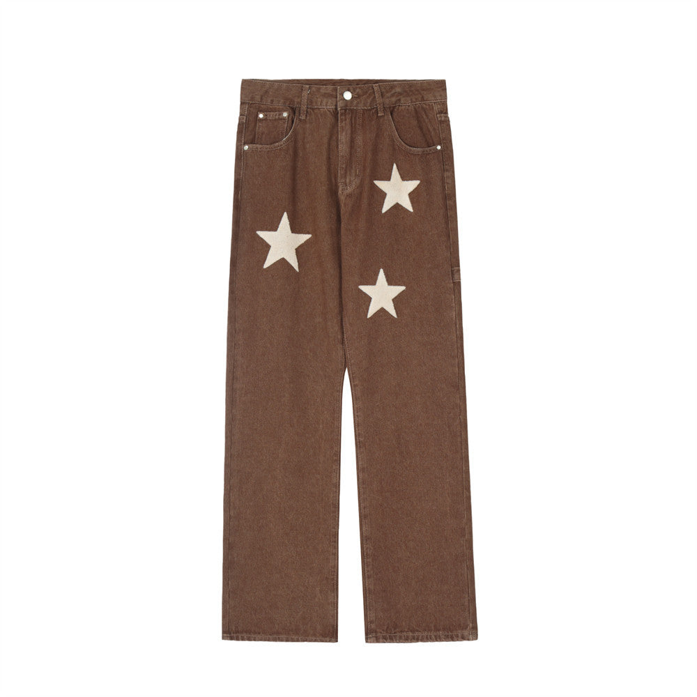 Men Jeans Retro Five-Pointed Star Embroidery Loose Casual