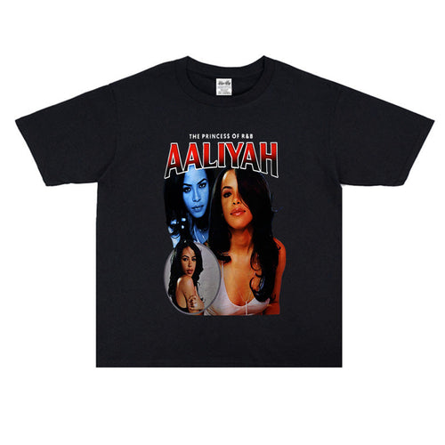 Rock Star T Shirt Aaliyah Men's and Women's Printed Women's Short-Sleeved T-shirt round Neck Cotton Loose
