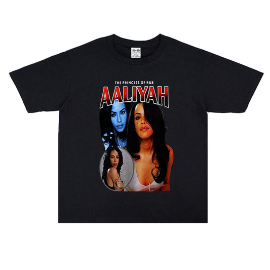 Rock Star T Shirt Aaliyah Men's and Women's Printed Women's Short-Sleeved T-shirt round Neck Cotton Loose