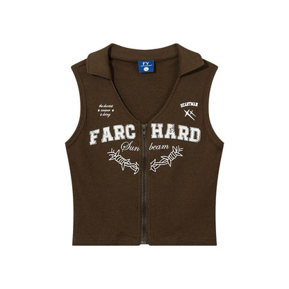 Women Vest Vintage Printing Lapel Zipper Short Vest