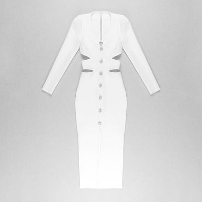 Women Evening Dress V-neck Bandage Dress Long Sleeve Simple Hollow Dress