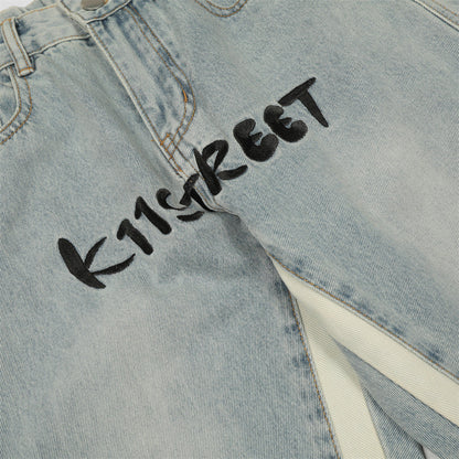 Men Jeans Stitching Wide Leg Leisure Embroidery Casual