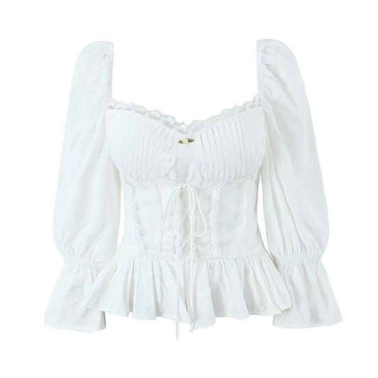 Women Tops Summer Lace Puff Sleeve Shirt