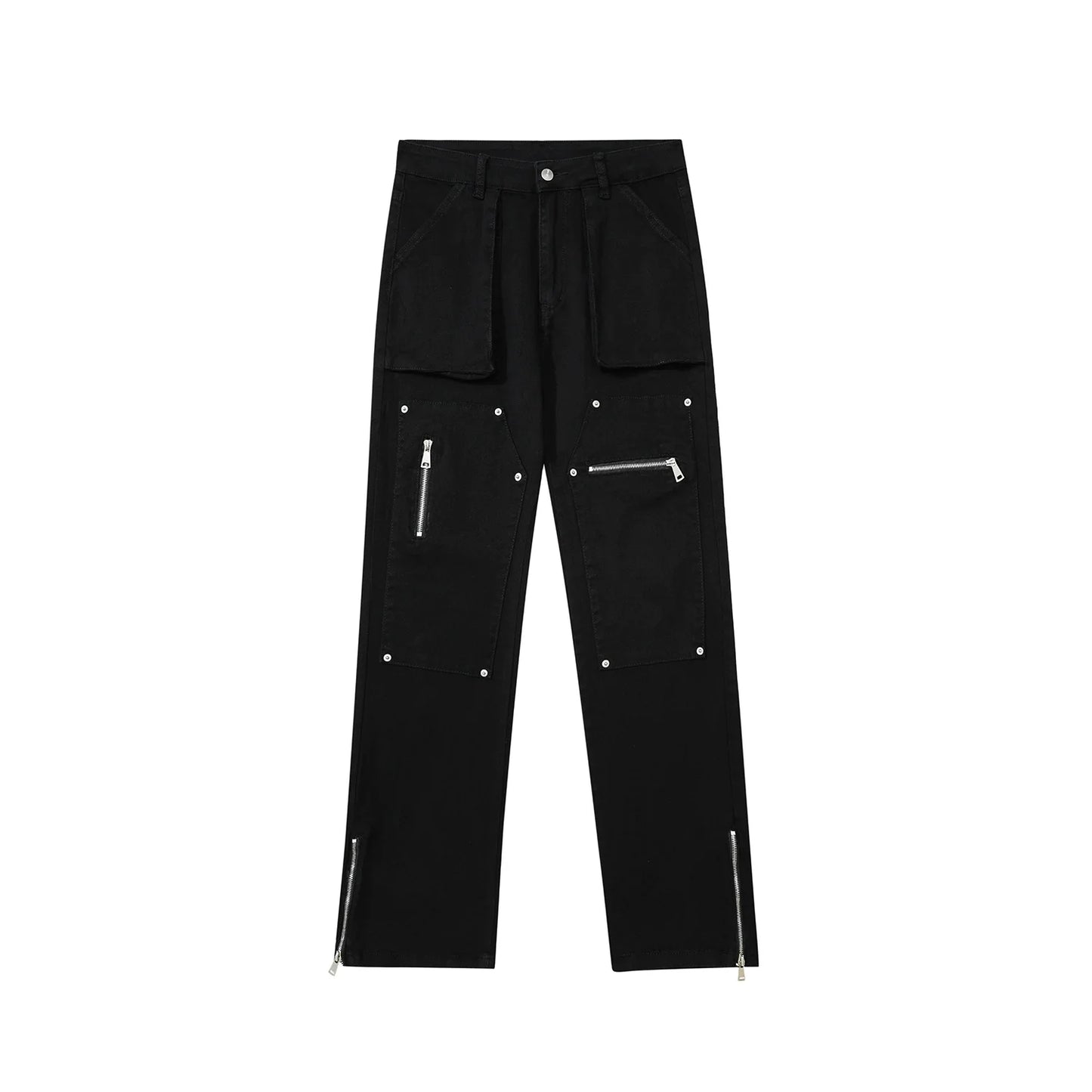 Men Sweatpants Cargo Casual Trousers Pocket Straight-Leg Pants Denim Zipper Pants