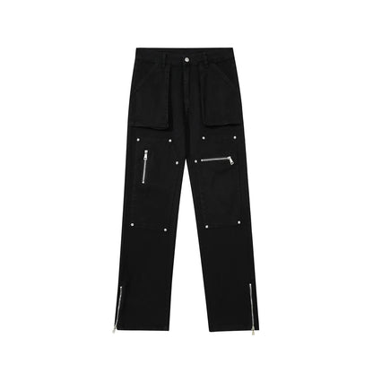 Men Sweatpants Cargo Casual Trousers Pocket Straight-Leg Pants Denim Zipper Pants