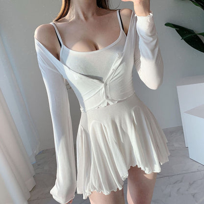 Women Dresses Sling Dress Cardigan Button Jacket Long-Sleeved Skirt